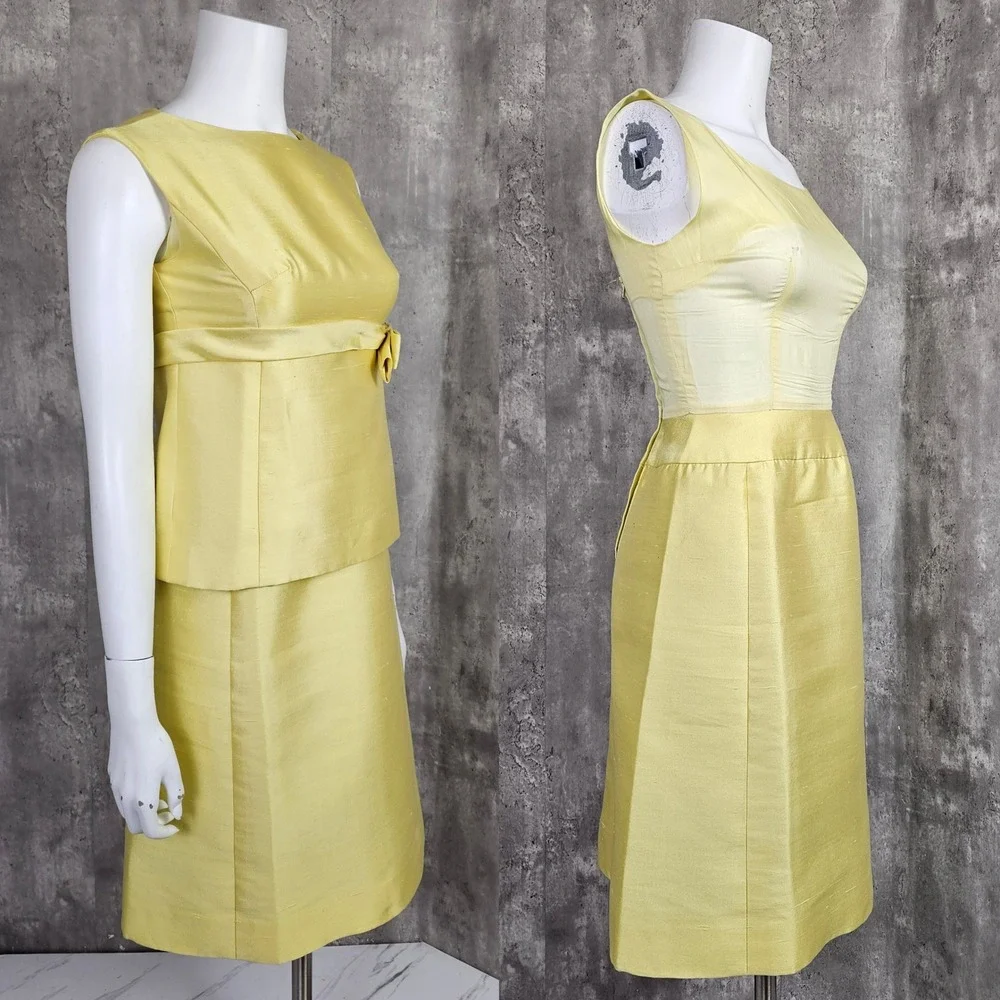 Vintage 60s Joan Leslie By Kasper Yellow Dress‎ Set Sleeveless Bow Detail